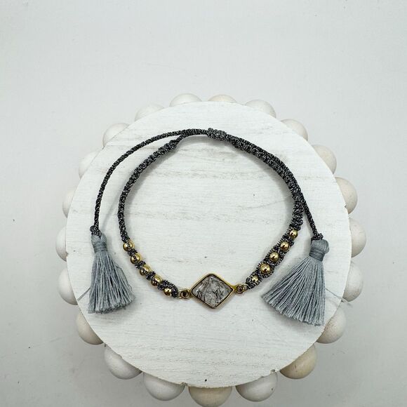 Rutilated Quartz Metric Silver Gold Bead Slide Bracelet Bohemian Boho Adjustable - Picture 2 of 8